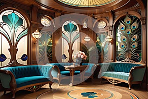 Art Nouveau Interior: Lavish Decoration Involving Swirling Lines and Floral Motifs on Walls and Furniture