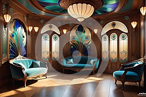 Art Nouveau Interior: Lavish Decoration Involving Swirling Lines and Floral Motifs on Walls and Furniture