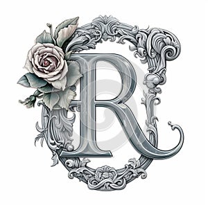 Art Nouveau Letter R With Flowering Rose - Gray Clipart