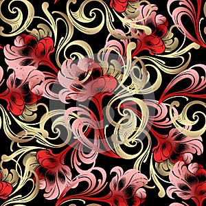 Art nouveau ornamental vintage floral hand drawn seamless pattern. Antique beautiful red gold flowers ornament on black background