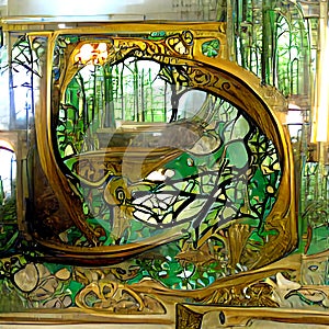 Art Nouveau palace inside a forest. Golden age, art, magic and mystery