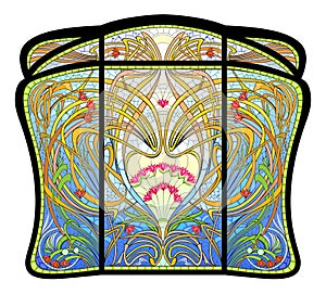 Art Nouveau stained glass window with fantasy floral motives. Template for design, wallpaper, background, decoration. Architecture