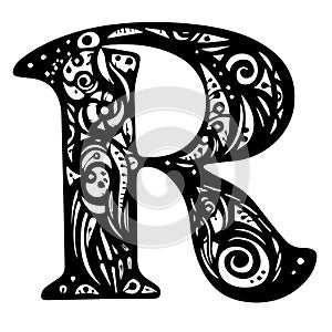 Art Nouveau style vintage font - letter R black and white outline. Vector elements for posters, t-shirts and cards