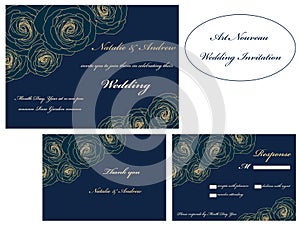 Art Nouveau wedding invitation set. RSVP. Thank you card.
