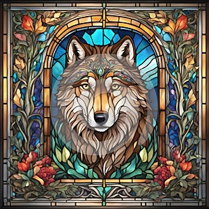Art Nouveau Wolf Vitral Window photo