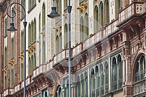 Art noveau picturesque building facade in Budapest. Hungarian landmark
