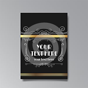 Art Nuevo template golden-black white, A4 page, card, invitation, floral lines and swirls ornament