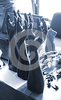 Art Object human hands printed 3D printer. Model prototype of human hand printed