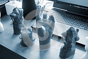 Art Object human hands printed 3D printer. Model prototype of human hand printed