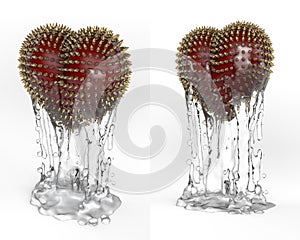 Art object, totem, trophy red heart with golden spikes