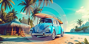 travel beach retro vintage trip vacation summer road tropical car. Generative AI.