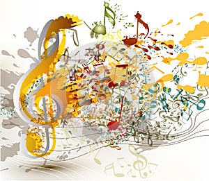 Art ornate treble clef with colorful splash, staves and notes for your design photo