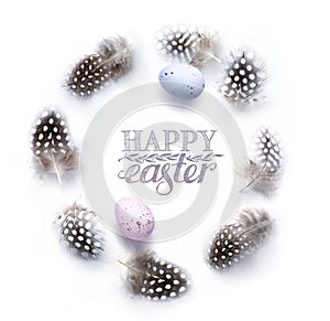 art Painted Eggs and birds feather - Easter Background