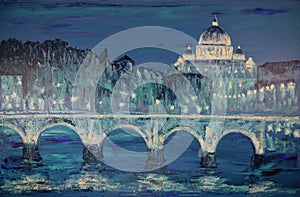 Art painting of Basilica Sant Pietro, Tiber river Rome, Italy