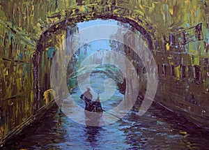 Art painting of the Bridge of Sighs and gondola in Venice Italy