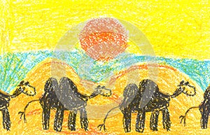Art painting with camel in lifeless desert