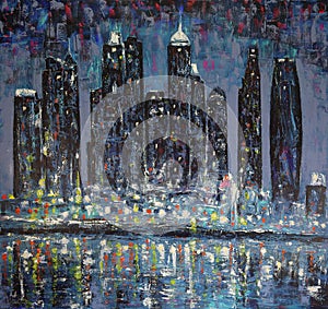 Art Painting of the Dubai United Arab Emirates Downtown Night Scene