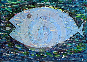 Art painting of the fish with sign in French - Je ne mange pas six jours I didn`t eat six days