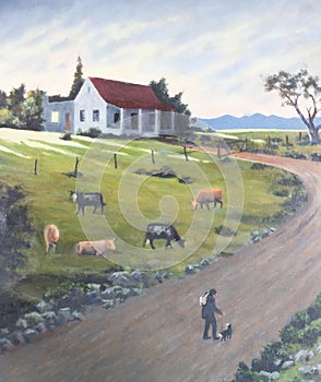 Art painting of humble cottage at sundown with cattle herder and