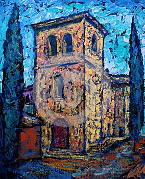 Art painting of the Iglesia de Santo Tomas Cantuariense church in Salamanca, Spain photo