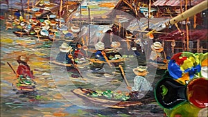 Art painting Oil color Floating market  , Thailand Countryside