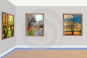 Art paintings depicting the autumn nature hang on the wall