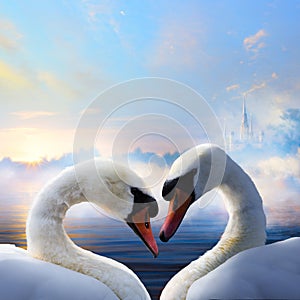 Art pair of swans in love floating on the water at sunrise of th