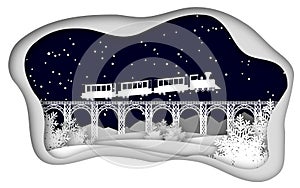 Art paper and crafts. Night express. the train takes off from the bridge. Illustration in a paper frame with shadow