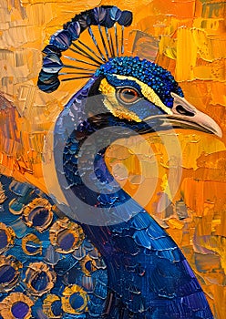 Art of a peafowl with a long neck displaying blue feathers