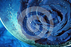 Art photo of blue rose with drops of water in wet glass over blue background