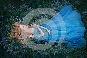 Art photo fairy tale sleeping beauty. Fantasy woman lies on blooming meadow in long blue medieval vintage dress. Summer