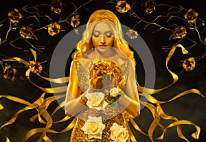 Art photo fantasy woman queen holding in hands white rose flowers. dress shines ribbon flies in wind. Night garden, gold