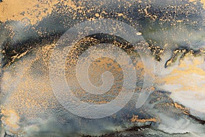 art photography of abstract fluid art painting with alcohol ink, black and gold colors