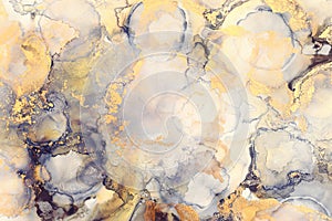 art photography of abstract fluid art painting with alcohol ink, black, gray and gold colors