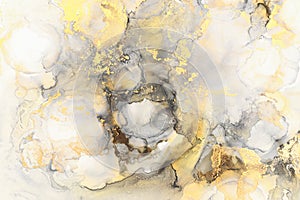 art photography of abstract fluid art painting with alcohol ink, black, gray and gold colors