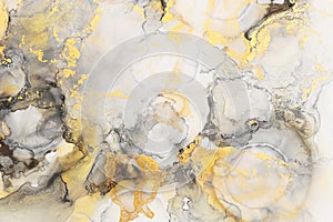 art photography of abstract fluid art painting with alcohol ink, black, gray and gold colors