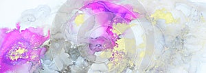 art photography of abstract fluid art painting with alcohol ink, black, pink and gold colors. banner