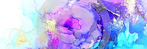 art photography of abstract fluid art painting with alcohol ink, blue, pink, purple and gold colors. banner