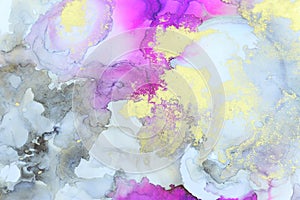 art photography of abstract fluid art painting with alcohol ink, pink, purple, black and gold colors