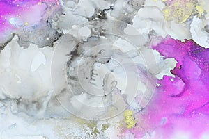 art photography of abstract fluid art painting with alcohol ink, pink, purple, black and gold colors