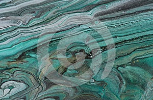 art photography of abstract marbleized effect background with turquoise, green and blue creative colors. Beautiful paint