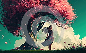 Art picture of a girl have a walk outdoors on the field with lonely tree at spring. dynamic windy scene, ai generated