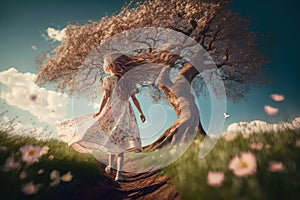 Art picture of a girl have a walk outdoors on the field with lonely tree at spring. dynamic windy scene, ai generated