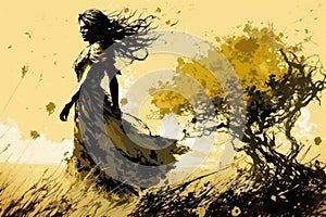 Art picture of a girl have a walk outdoors on the field with lonely tree at spring. dynamic windy scene, ai generated