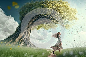 Art picture of a girl have a walk outdoors on the field with lonely tree at summer. dynamic windy scene, ai generated