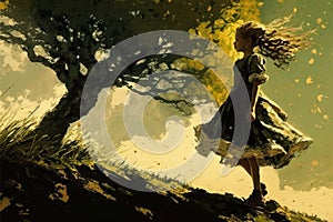 Art picture of a girl have a walk outdoors on the field with lonely tree at summer. dynamic windy scene, ai generated