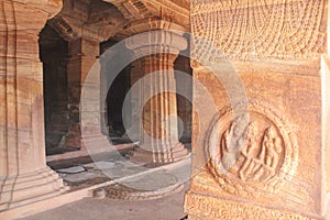 Art on the pillars of Badami Cave temples, India