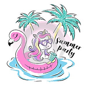 Art. Pool party. Cute unicorn by the pool. Summer illustration for clothes. Fashion illustration drawing in modern style for