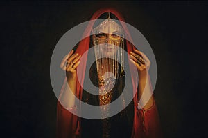 art Portrait Fantasy girl Mystery arabic woman in red long dress stands in desert long silk abaya dress. clothes gold