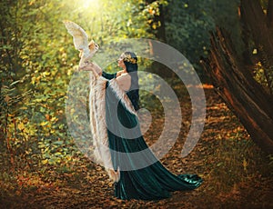 Art portrait Fantasy woman goddess, white bird owl barn owl sits on hand flapping wings Autumn forest trees magical sun